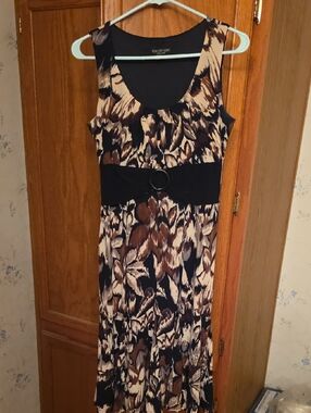 Perceptions Brown, Black and Cream Printed Sleeveless Maxi Dress with Waist Ring